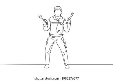 Single one line drawing mechanic stands up with celebrate gesture and holding wrench to perform maintenance vehicle engine. Success job. Modern continuous line draw design graphic vector illustration