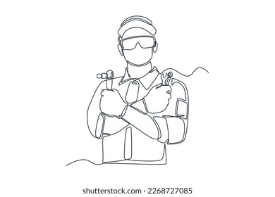 Single one line drawing mechanic standing with crossed arms and holding wrenches. Auto service concept. Continuous line draw design graphic vector illustration.