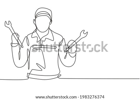 Single one line drawing mechanic with celebrate gesture and holding wrench works to fix broken car engine in garage. Success business. Modern continuous line draw design graphic vector illustration