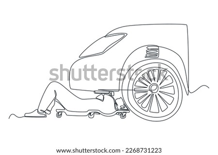 Single one line drawing Mechanic uniform lying down and working under car at auto service garage. Auto service concept. Continuous line draw design graphic vector illustration.
