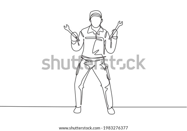 Single one line drawing mechanic stands up\
with celebrate gesture and holding wrench to perform maintenance\
vehicle engine. Success job. Modern continuous line draw design\
graphic vector\
illustration