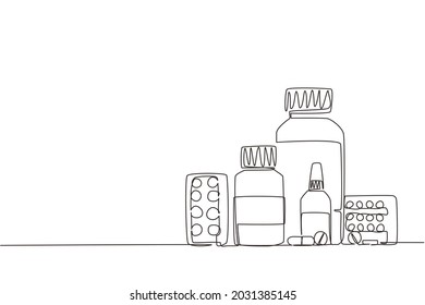 Single one line drawing medical concept. Cold, flu, cough preparations: medicinal syrup, nose spray, throat spray, pills, capsules on white background. Continuous line draw design graphic vector