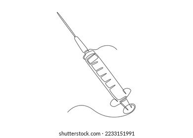 Single one line drawing medical syringe. The Syringe is filled with a vaccine solution. Medical equipment concept. Continuous line draw design graphic vector illustration.