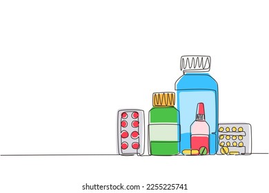 Single one line drawing medical concept. Cold, flu, cough preparations: medicinal syrup, nose spray, throat spray, pills, capsules on white background. Continuous line draw design graphic vector