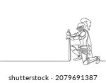 Single one line drawing medieval warrior kneeling and swearing allegiance. Knight in armor holding sword and giving oath on his knee. Modern continuous line draw design graphic vector illustration