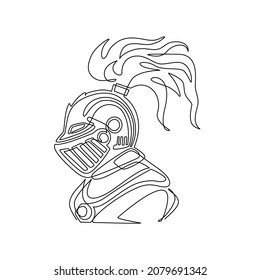 Single one line drawing medieval warrior knight in helmet. Logo, emblem, icon. Medieval warrior knight in armour helmet with visor and plumage, heraldry symbols. Continuous line draw design vector