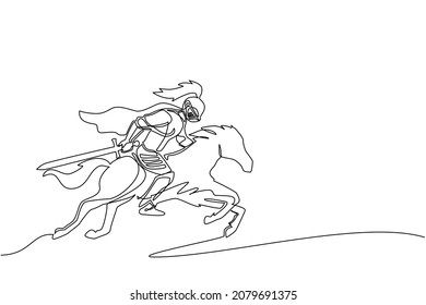Single one line drawing medieval knight riding horse - horseback soldier with sword and shield. Knight on horseback. Medieval heraldry symbol. Continuous line draw design graphic vector illustration