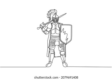 Single one line drawing medieval knight standing in armor and helmet holding shield and sword. Historical ancient military character. Prince ancient fighter. Continuous line draw design graphic vector