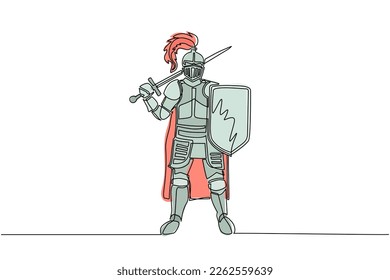 Single one line drawing medieval knight standing in armor and helmet holding shield and sword. Historical ancient military character. Prince ancient fighter. Continuous line draw design graphic vector