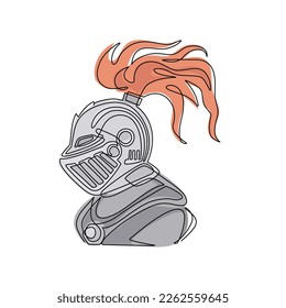 Single one line drawing medieval warrior knight in helmet. Logo, emblem, icon. Medieval warrior knight in armour helmet with visor and plumage, heraldry symbols. Continuous line draw design vector