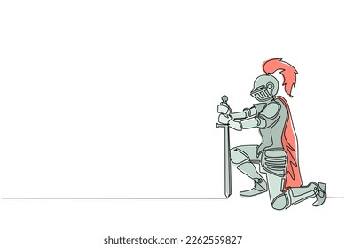 Una sola línea dibujando a guerrero medieval arrodillado y jurando lealtad. Caballero armado sosteniendo la espada y dando juramento sobre su rodilla. Ilustración de líneas continuas moderna de diseño gráfico vectorial