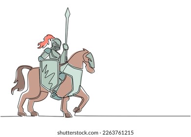 Single one line drawing medieval armed knight riding horse. Historical ancient military character. Prince with spear and shield. Ancient fighter. Continuous line design graphic vector illustration