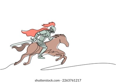 Single one line drawing medieval knight riding horse - horseback soldier with sword and shield. Knight on horseback. Medieval heraldry symbol. Continuous line draw design graphic vector illustration