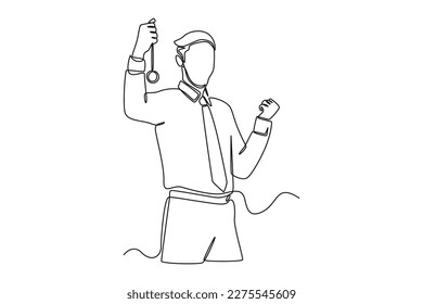 Single one line drawing men wearing shirts get medals. Employee appreciation day concept. Continuous line draw design graphic vector illustration.