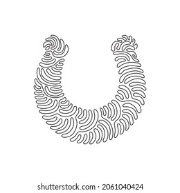 Single one line drawing metal horseshoe for horses. Shoes for horses to protect hooves. Farm and gardening single icon symbol. Swirl curl style. Continuous line draw design graphic vector illustration