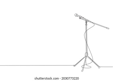 Single one line drawing microphone with cable on stand isolated on white background. Standing microphone on stage for sing competition. Modern continuous line draw design graphic vector illustration