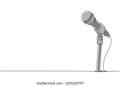 Single one line drawing microphone on stand. Mic on stand in musical television show. Singer karaoke sing song with standing microphone. Modern continuous line draw design graphic vector illustration