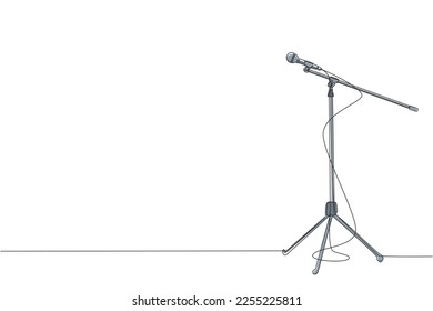 Single one line drawing microphone with cable on stand isolated on white background. Standing microphone on stage for sing competition. Modern continuous line draw design graphic vector illustration