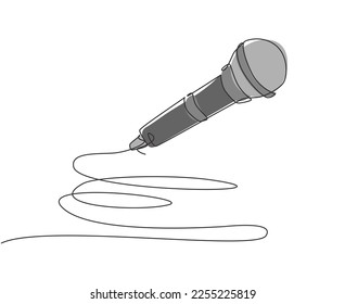 Single one line drawing microphone for karaoke. Illustration on white background. Mic equipment for sing a song at karaoke festival. Modern continuous line draw design graphic vector illustration