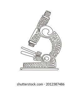 Single one line drawing microscope icon. Virus medical research test. Hospital professional lab. Chemical laboratory. Swirl curl style. Modern continuous line draw design graphic vector illustration