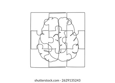 Uma única linha desenhando a peça central forma uma vista superior do cérebro. Um transtorno mental muito crônico. Confusão no pensamento. Dia Mundial da Esquizofrenia. Ilustração gráfica de design de linha contínua