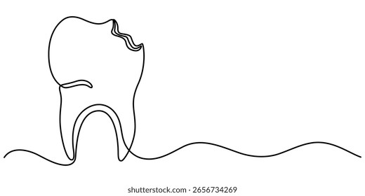  Eine einzige Linie, die einen Zahn mit mittlerem Riss zeichnet. Schmerzhaft. Beschwerden. Bedeutung der Zahnpflege. Prävention zur Vermeidung von Zahnproblemen. Nationale Zahnschmerzen. Grafische Illustration für fortlaufendes Liniendesign.