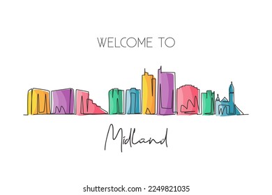 Dibujo de una sola línea en el horizonte de la ciudad de Midland, Texas. El paisaje histórico mundial de la ciudad. La mejor postal de destino de vacaciones. Dibujo de línea continua de trazo editable ilustración vectorial