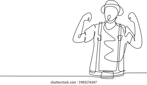 Single one line drawing mime artist with celebrate gesture and white face make-up puts on a silent motion comedy show at circus arena. Modern continuous line draw design graphic vector illustration