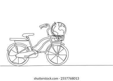 Single one line drawing mini bike with a globe in the front basket. An iconic symbol. Bicycles can make the earth healthier without pollution. Bicycle Day. Continuous line design graphic illustration