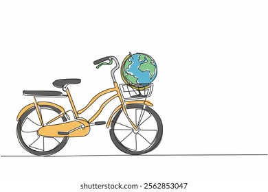 Single one line drawing mini bike with a globe in the front basket. An iconic symbol. Bicycles can make the earth healthier without pollution. Bicycle Day. Continuous line design graphic illustration