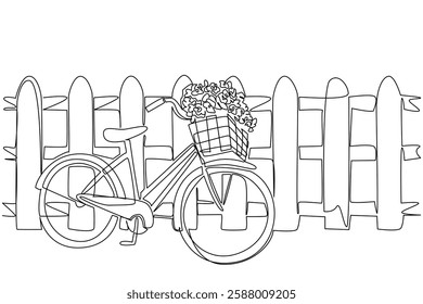 Single one line drawing mini bike with basket filled with flowers leaning against the fence. Take a break after gardening. National Public Gardens Day. Continuous line design graphic illustration