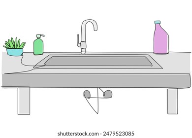 Single one line drawing a minimalist dishwashing place that is clean from dirty plates used from breakfast. Cleanliness make it more elegant. Hygienic. Continuous line design graphic illustration