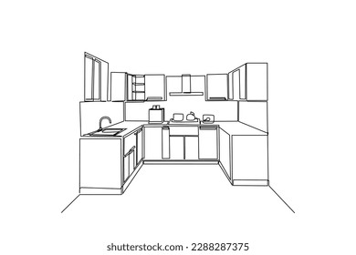 Single one line drawing Modern kitchen interior. Kitchen room concept. Continuous line draw design graphic vector illustration.