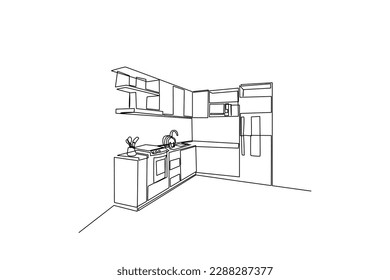 Single one line drawing Modern kitchen interior. Kitchen room concept. Continuous line draw design graphic vector illustration.