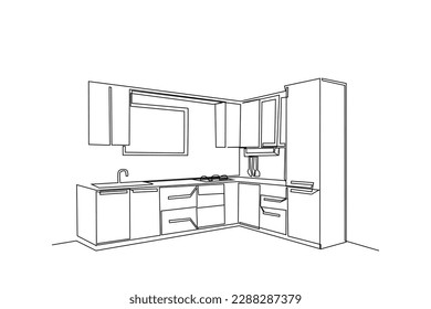 Single one line drawing Modern kitchen interior. Kitchen room concept. Continuous line draw design graphic vector illustration.