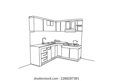 Single one line drawing Modern kitchen interior. Kitchen room concept. Continuous line draw design graphic vector illustration.