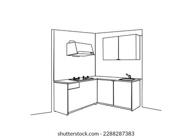 Single one line drawing Modern kitchen interior. Kitchen room concept. Continuous line draw design graphic vector illustration.