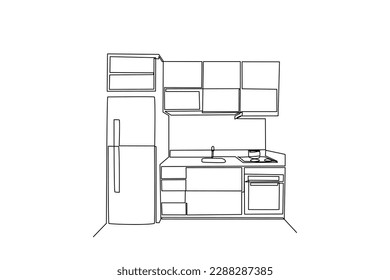 Single one line drawing Modern kitchen interior. Kitchen room concept. Continuous line draw design graphic vector illustration.