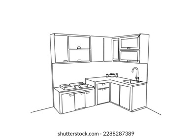 Single one line drawing Modern kitchen interior. Kitchen room concept. Continuous line draw design graphic vector illustration.