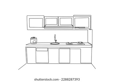 Single one line drawing Modern kitchen interior. Kitchen room concept. Continuous line draw design graphic vector illustration.