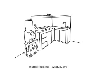 Single one line drawing Modern kitchen interior. Kitchen room concept. Continuous line draw design graphic vector illustration.