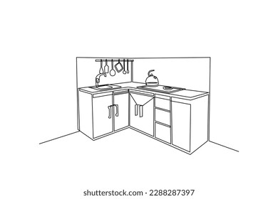 Single one line drawing Modern kitchen interior. Kitchen room concept. Continuous line draw design graphic vector illustration.