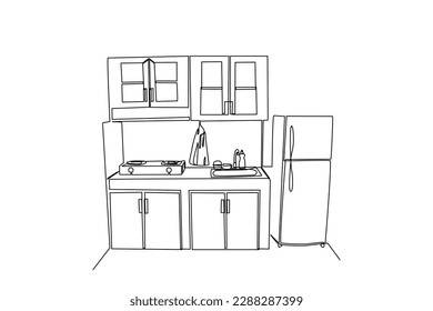 Single one line drawing Modern kitchen interior. Kitchen room concept. Continuous line draw design graphic vector illustration.