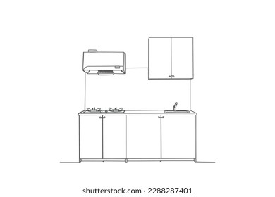 Single one line drawing Modern kitchen interior. Kitchen room concept. Continuous line draw design graphic vector illustration.