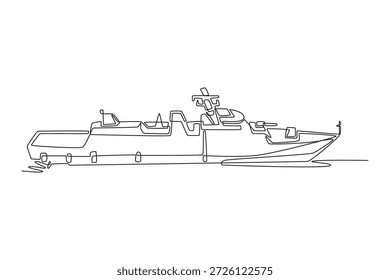 Uma única linha desenhando o destróier ou fragata naval moderno. Arco afiado, mastros de radar, casco poderoso para defesa marítima e missões de patrulha oceânica. Ilustração de vetor gráfico de design de desenho de linha contínua