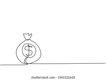 Single One Line Drawing Of Money Bag On The Floor With Penny And Paper Money Inside. Business Wealth Metaphor Concept. Modern Continuous Line Draw Design Graphic Vector Illustration