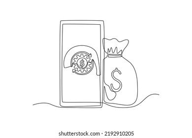 Single one line drawing money bag and dollar search site in smartphone . Financial technology concept. Continuous line draw design graphic vector illustration.