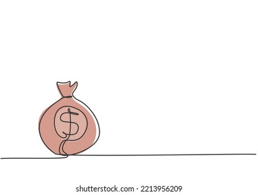 Single One Line Drawing Of Money Bag On The Floor With Penny And Paper Money Inside. Business Wealth Metaphor Concept. Modern Continuous Line Draw Design Graphic Vector Illustration