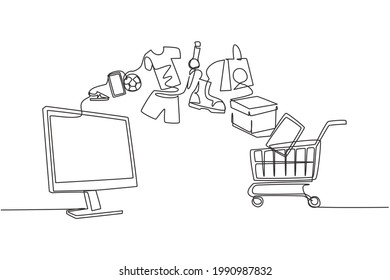 Single one line drawing monitor screen and shopping cart with products purchased online. E-commerce and digital marketing. Order to cart. Modern continuous line draw design graphic vector illustration