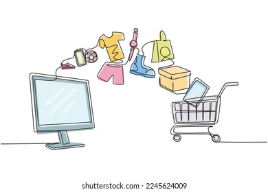 Single one line drawing monitor screen and shopping cart with products purchased online. E-commerce and digital marketing. Order to cart. Modern continuous line draw design graphic vector illustration